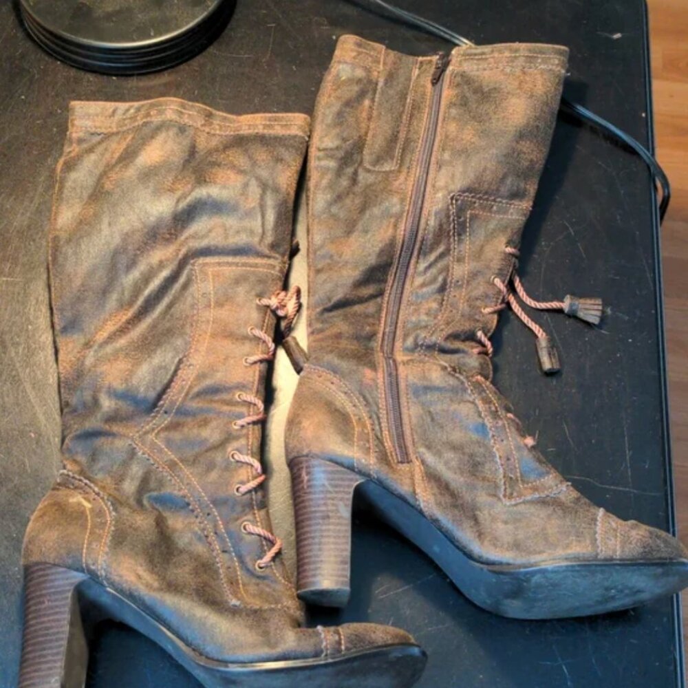 Monique Vintage Dark Brown Lace-Up Zipper Mid-Calf 3.5" Wood Heel Boots 8 - Picture 9 of 10